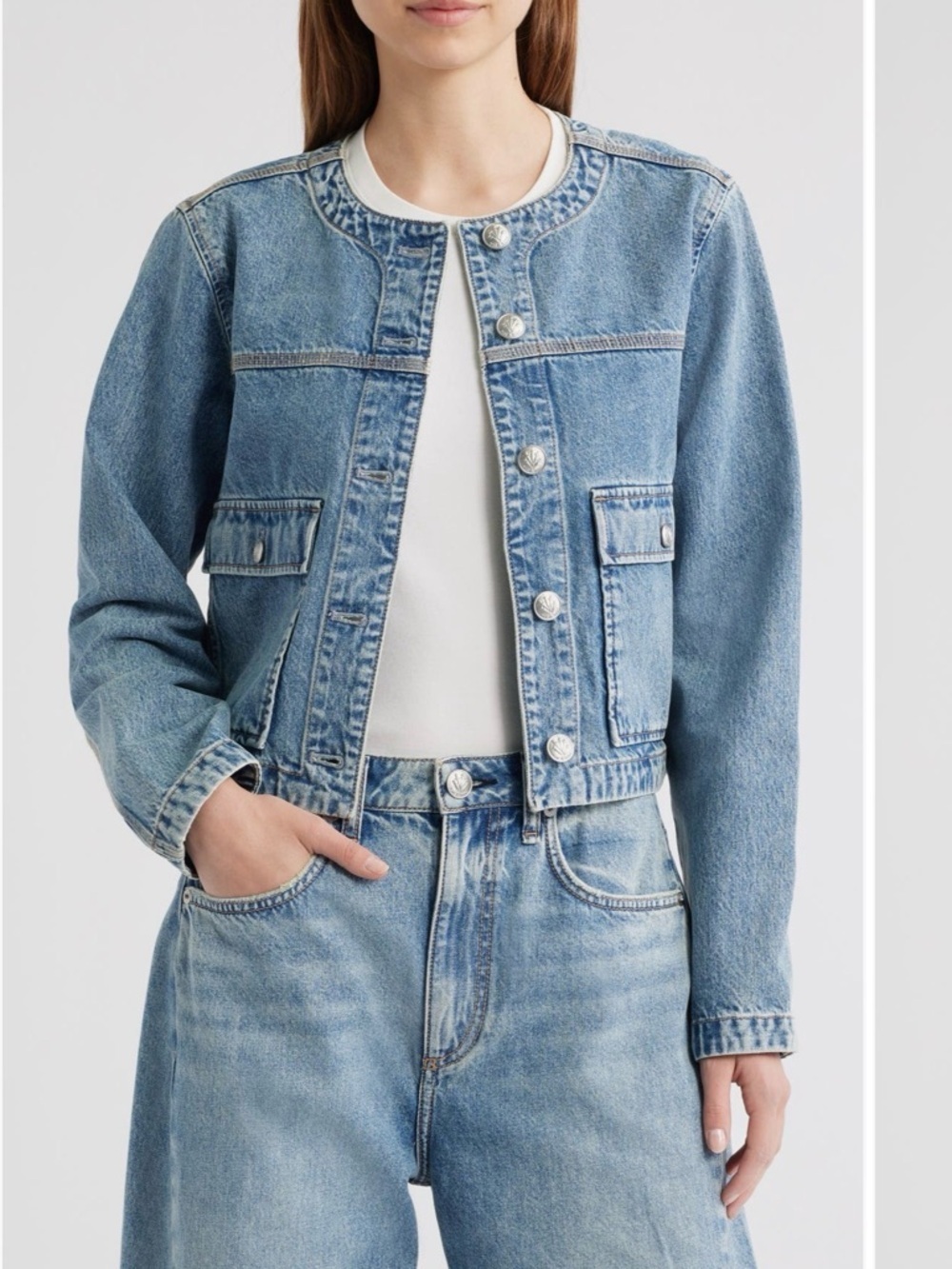 rag & bone Drew Light Blue Denim Jean Jacket cropped button front XL - Picture 3 of 9